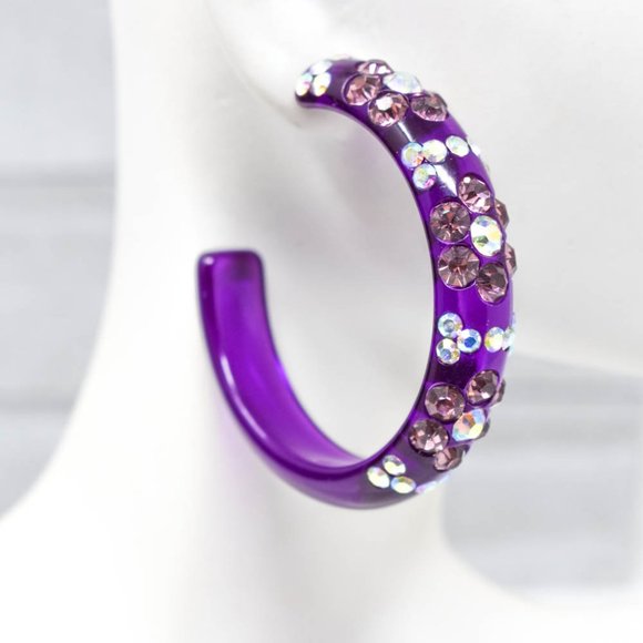 2" Flower Pattern Purple Lucite Rhinestone Hoops - Picture 3 of 13